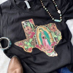 Women's Our Lady Graphic Tee Virgin Mary Texas on Black Bella Canvas